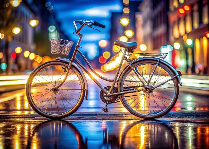 Zaczarowany City Nightscape Fotografia Długa ekspozycja arcydzieło Vintage Cruiser Bicycle ilustracji