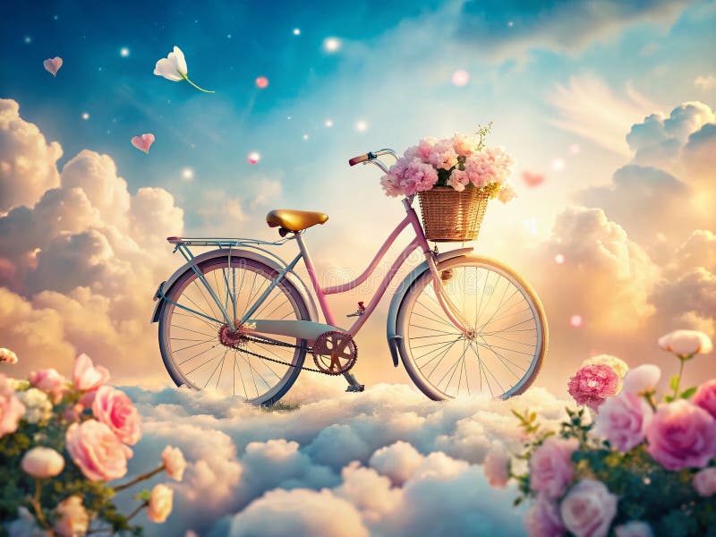 Zaczarowany rower przejeżdża przez chmuryKissed Floral Wonderland A Whimsical Vintage Bicycle krąży nad marzymi chmurami ilustracja wektor