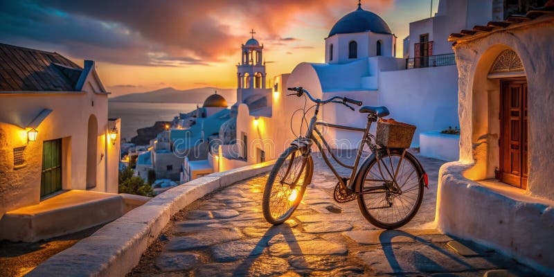 Zaczarowany Santorini Wieczorem Rower Vintage przechadza się przez mistyczne ulice Oia ilustracji