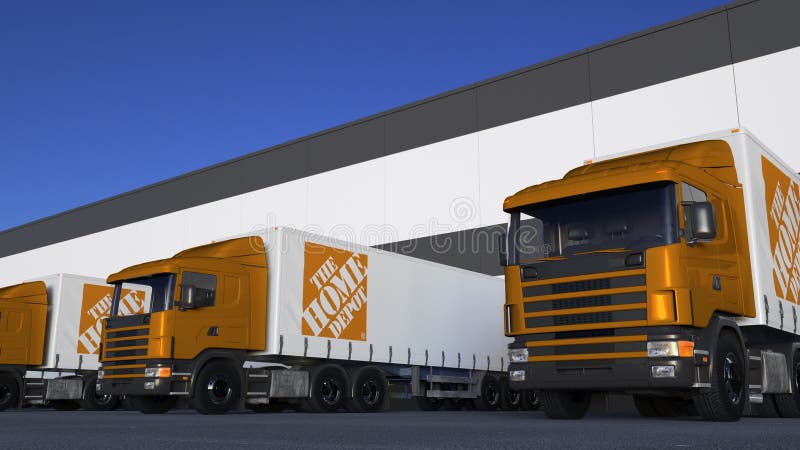 Zafrachtowanie semi przewozi samochodem z Home Depot loga rozładunkiem lub ładowaniem przy magazynowym dokiem Redakcyjny 3D rende ilustracja wektor