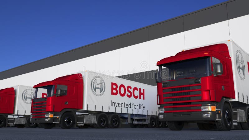 Zafrachtowanie semi przewozi samochodem z Robert Bosch loga GmbH rozładunkiem lub ładowaniem przy magazynowym dokiem Redakcyjny 3 ilustracja wektor
