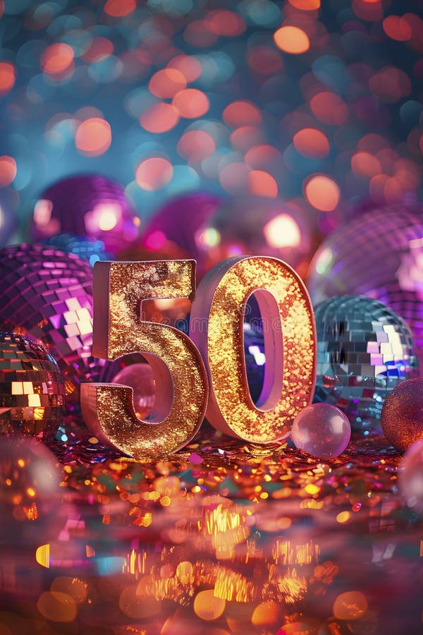 golden number 50 and some disco balls of different colors in a bokeh effect background, generative AI. golden number 50 and some disco balls of different colors in a bokeh effect background, generative AI