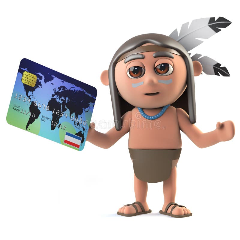 3d render of a funny cartoon Native American Indian character holding a debit card. 3d render of a funny cartoon Native American Indian character holding a debit card