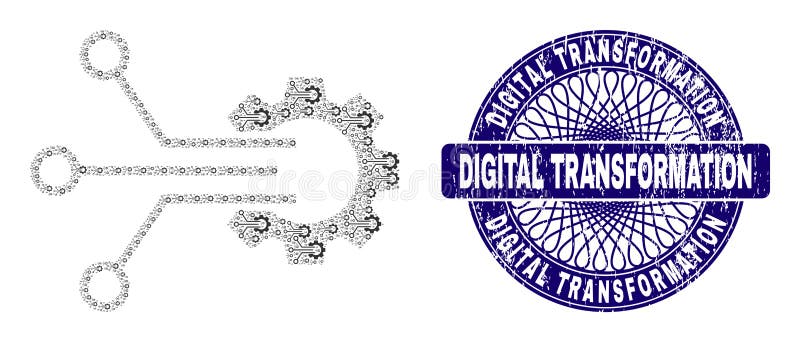 Zahnradsensorrekturzusammensetzung von Zahnradsensoren und Grunge-Dichtungen für digitale Transformation lizenzfreie abbildung