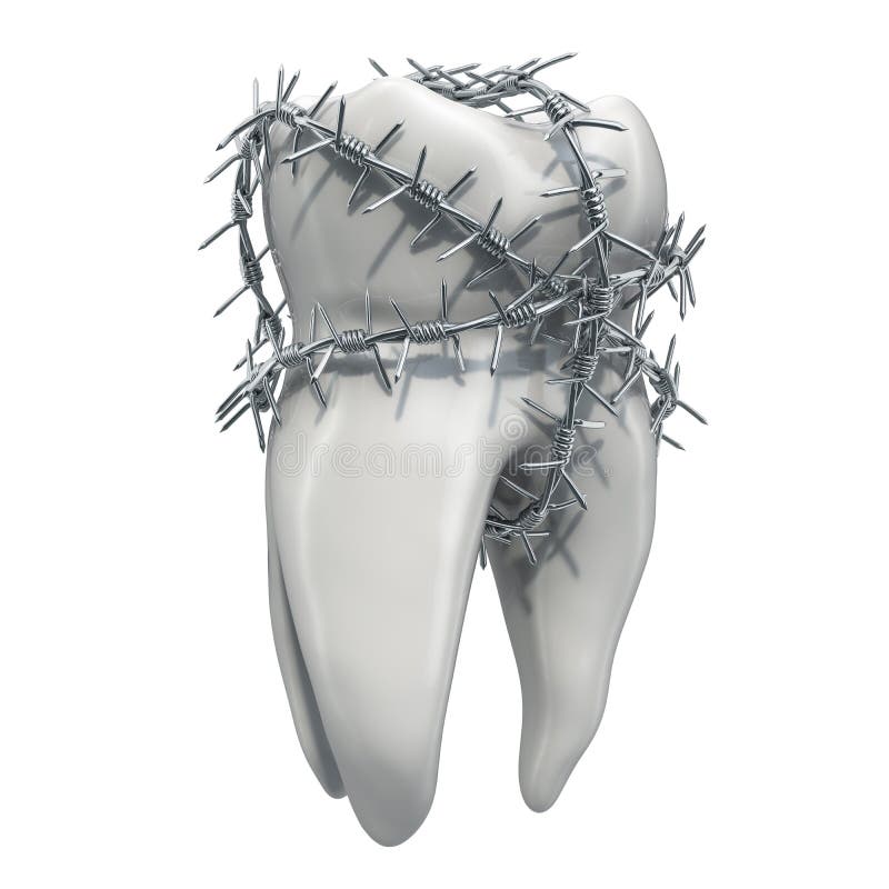 Zahnschmerzenkonzept Zahn mit Stacheldraht, Wiedergabe 3D stock abbildung Zahnschmerzenkonzept Zahn mit Stacheldraht, Wiedergabe 3D stock abbildung
