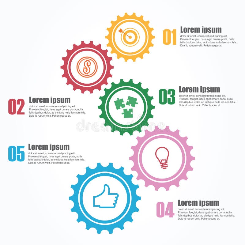 Zaken Infographics Chronologie met 5 stappen, toestellen, tandraderen royalty-vrije illustratie Zaken Infographics Chronologie met 5 stappen, toestellen, tandraderen royalty-vrije illustratie