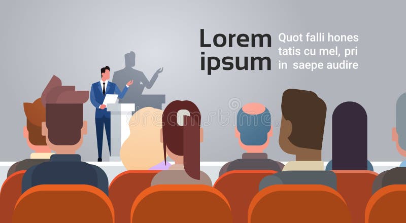 _zaken mensen groeperen bij conferentie vergadering training trainingscursus spreker be*vinden bij tribune vector illustratie _zaken mensen groeperen bij conferentie vergadering training trainingscursus spreker be*vinden bij tribune vector illustratie