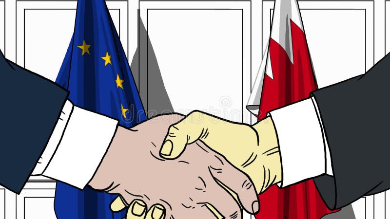 Zakenlieden of politicischokhanden tegen vlaggen van de EU en Bahrein Offici?le vergadering of samenwerking verwant beeldverhaal stock illustratie Zakenlieden of politicischokhanden tegen vlaggen van de EU en Bahrein Offici?le vergadering of samenwerking verwant beeldverhaal stock illustratie