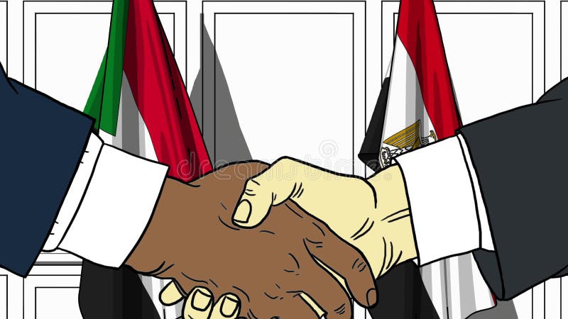 Zakenlieden of politicischokhanden tegen vlaggen van de Soedan en Egypte Offici?le vergadering of samenwerking verwant beeldverha stock illustratie Zakenlieden of politicischokhanden tegen vlaggen van de Soedan en Egypte Offici?le vergadering of samenwerking verwant beeldverha stock illustratie
