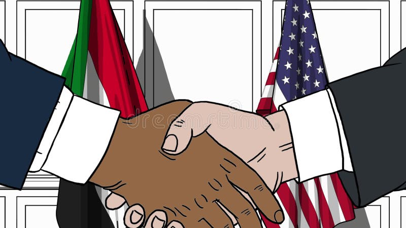 Zakenlieden of politicischokhanden tegen vlaggen van de Soedan en de V.S. Offici?le vergadering of samenwerking verwant beeldverh vector illustratie Zakenlieden of politicischokhanden tegen vlaggen van de Soedan en de V.S. Offici?le vergadering of samenwerking verwant beeldverh vector illustratie