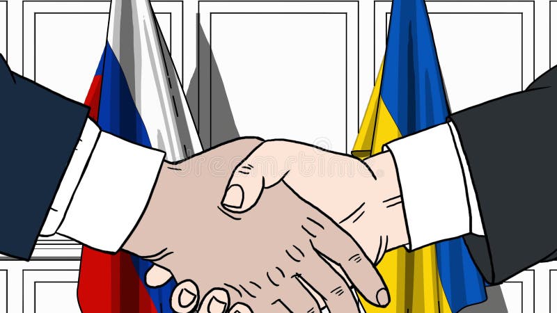 Zakenlieden of politicischokhanden tegen vlaggen van Rusland en de Oekra?ne Offici?le verwante vergadering of samenwerking vector illustratie Zakenlieden of politicischokhanden tegen vlaggen van Rusland en de Oekra?ne Offici?le verwante vergadering of samenwerking vector illustratie