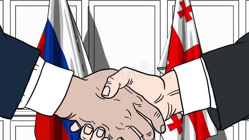 Zakenlieden of politicischokhanden tegen vlaggen van Rusland en Georgi? Offici?le verwante vergadering of samenwerking vector illustratie Zakenlieden of politicischokhanden tegen vlaggen van Rusland en Georgi? Offici?le verwante vergadering of samenwerking vector illustratie
