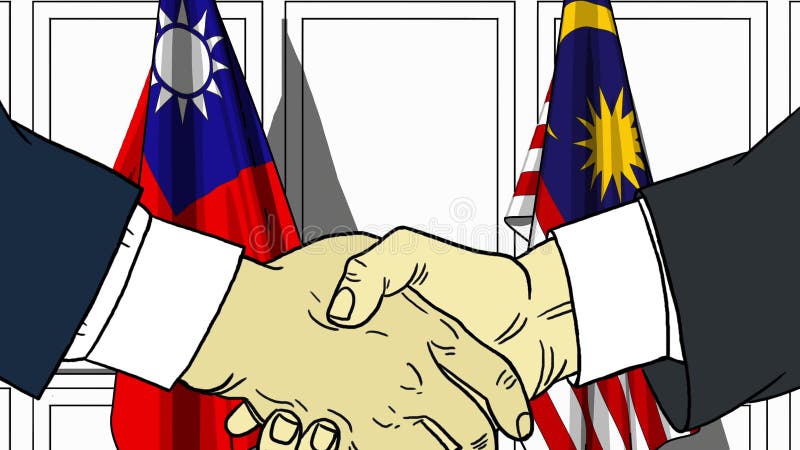 Zakenlieden of politicischokhanden tegen vlaggen van Taiwan en Maleisi? Offici?le verwante vergadering of samenwerking stock illustratie Zakenlieden of politicischokhanden tegen vlaggen van Taiwan en Maleisi? Offici?le verwante vergadering of samenwerking stock illustratie