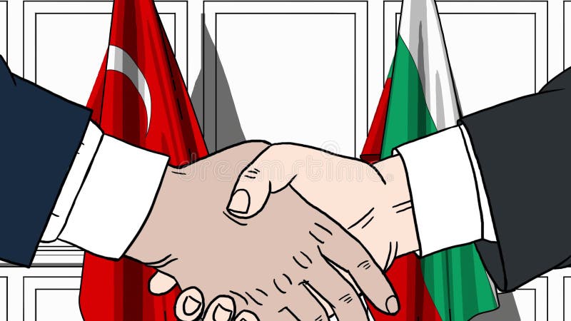 Zakenlieden of politicischokhanden tegen vlaggen van Turkije en Bulgarije Offici?le verwante vergadering of samenwerking stock illustratie Zakenlieden of politicischokhanden tegen vlaggen van Turkije en Bulgarije Offici?le verwante vergadering of samenwerking stock illustratie