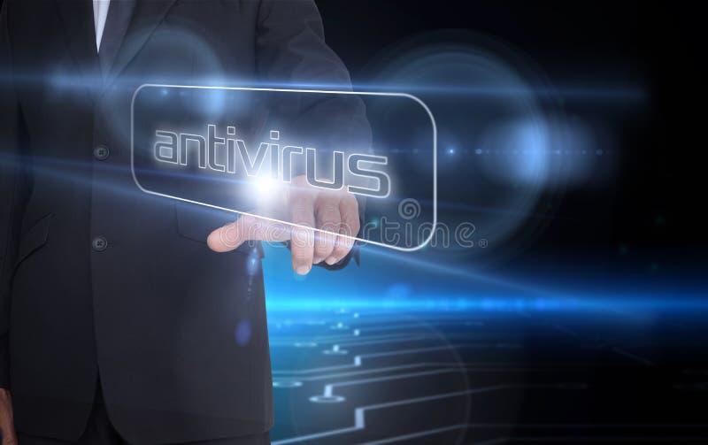 Zakenman die aan woordantivirus richten royalty-vrije stock afbeelding Zakenman die aan woordantivirus richten royalty-vrije stock afbeelding