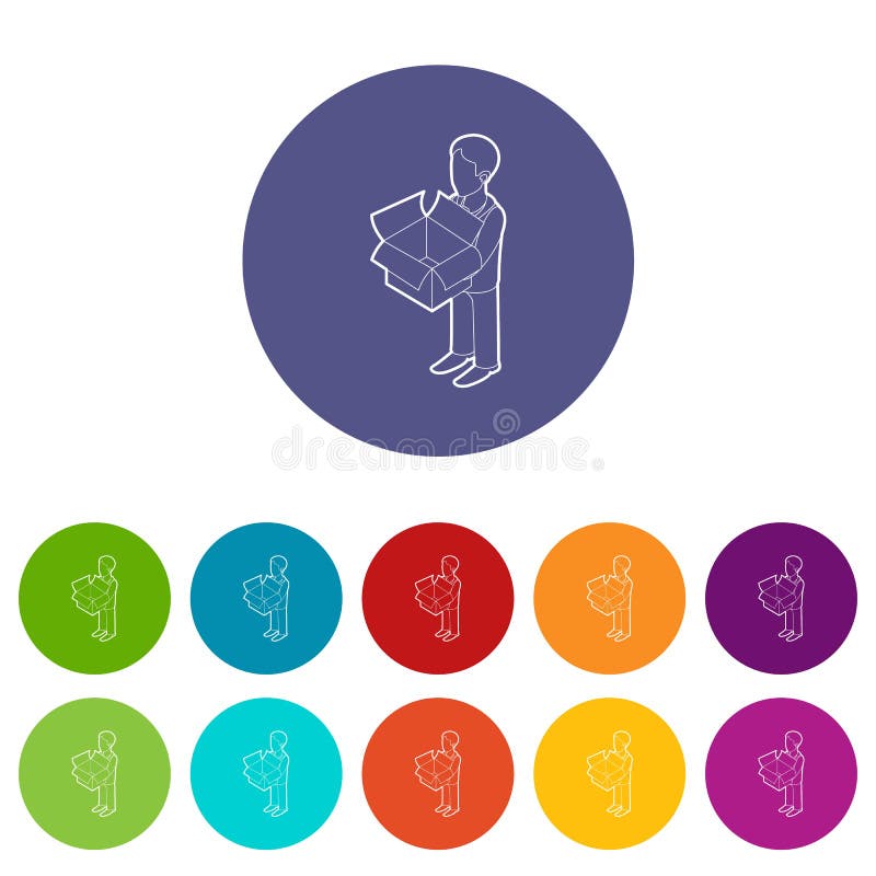Zakenman die de pictogrammen van een overzichtsdoos geplaatst vectorkleur houden vector illustratie Zakenman die de pictogrammen van een overzichtsdoos geplaatst vectorkleur houden vector illustratie