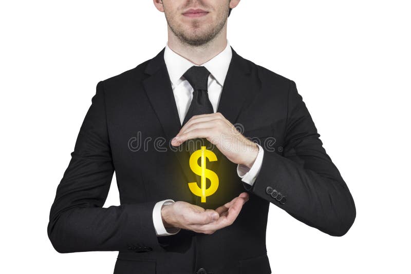 Zakenman die dollarsymbool beschermen royalty-vrije stock afbeeldingen Zakenman die dollarsymbool beschermen royalty-vrije stock afbeeldingen