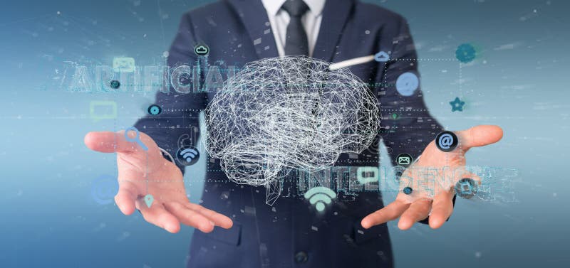 Zakenman die een 3d het teruggeven kunstmatige intelligentieconce houden royalty-vrije stock fotografie Zakenman die een 3d het teruggeven kunstmatige intelligentieconce houden royalty-vrije stock fotografie