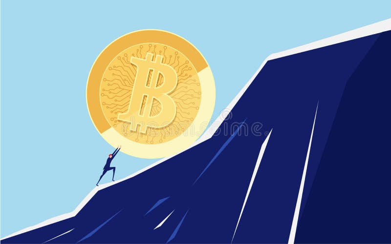 Zakenman die een grote Bitcoin verhogen de heuvel De ontbering van de bedrijfsprobleemcrisis en lastconcept stock illustratie Zakenman die een grote Bitcoin verhogen de heuvel De ontbering van de bedrijfsprobleemcrisis en lastconcept stock illustratie