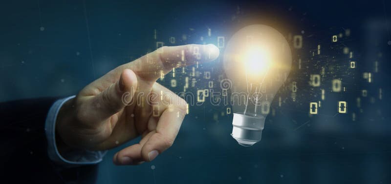 View of a Businessman holding a bulb lamp idea concept with data all around 3d rendering. View of a Businessman holding a bulb lamp idea concept with data all around 3d rendering