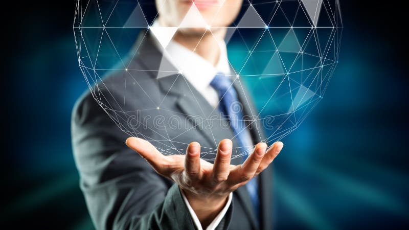 Zakenman die een holografische bol over zijn hand houden stock fotografie Zakenman die een holografische bol over zijn hand houden stock fotografie
