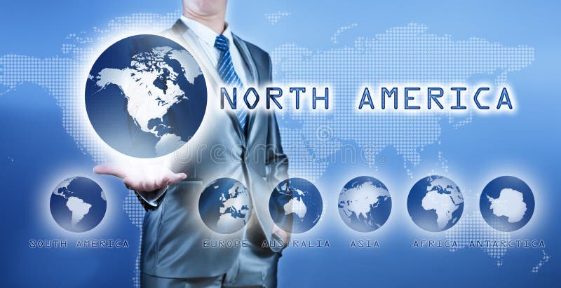 Businessman choosing north america continent on virtual digital screen, business concept of decision making. Businessman choosing north america continent on virtual digital screen, business concept of decision making
