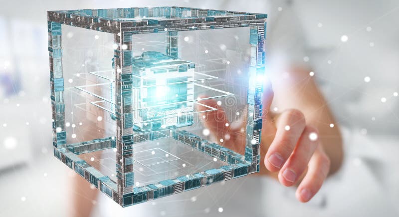 Zakenman die het futuristische kubus geweven objecten 3D teruggeven gebruiken stock illustratie Zakenman die het futuristische kubus geweven objecten 3D teruggeven gebruiken stock illustratie