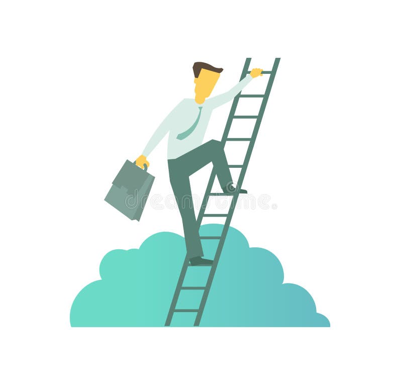 Zakenman die met aktentas een ladder beklimmen aan succes Beklimt de treden Bedrijfsmetafoor stijgende beweging vector illustratie Zakenman die met aktentas een ladder beklimmen aan succes Beklimt de treden Bedrijfsmetafoor stijgende beweging vector illustratie