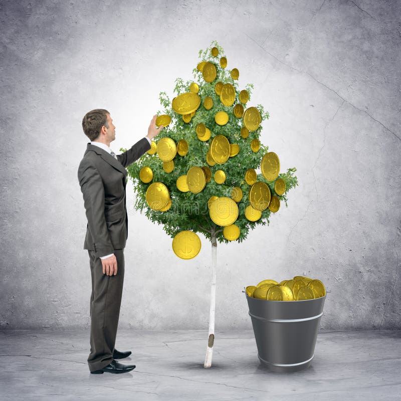 Zakenman die muntstukken van boom verzamelen royalty-vrije stock afbeelding Zakenman die muntstukken van boom verzamelen royalty-vrije stock afbeelding