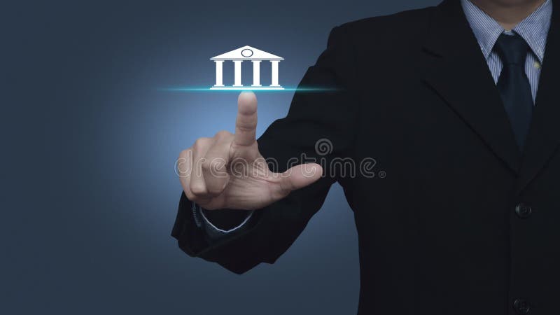 Zakenman die op het platte pictogram van de bank drukt over blue gradiënt background business banking online concept
