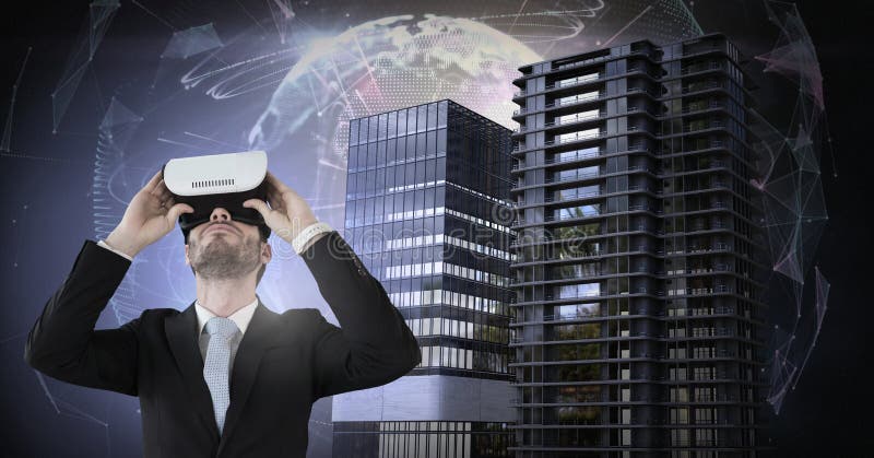 Zakenman die virtuele werkelijkheidshoofdtelefoon met Lange gebouwen met het energieke gebied van de wereldbol dragen royalty-vrije stock fotografie Zakenman die virtuele werkelijkheidshoofdtelefoon met Lange gebouwen met het energieke gebied van de wereldbol dragen royalty-vrije stock fotografie