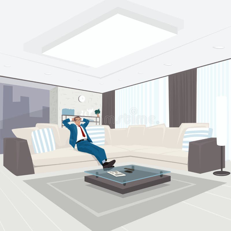 Zakenman die in woonkamer rusten stock illustratie Zakenman die in woonkamer rusten stock illustratie
