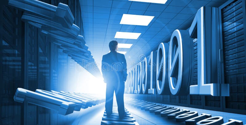 Businessman standing in data center with 3d binary code graphics. Businessman standing in data center with 3d binary code graphics