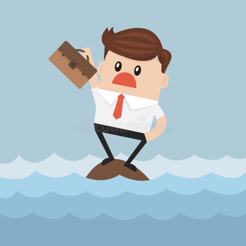 Zakenman die zich op een rots in het midden van een overzees bevinden stock illustratie Zakenman die zich op een rots in het midden van een overzees bevinden stock illustratie