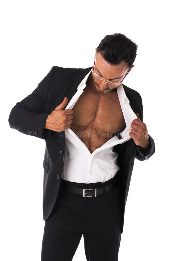 Zakenman die zijn overhemd openen die spiertorso openbaren royalty-vrije stock fotografie Zakenman die zijn overhemd openen die spiertorso openbaren royalty-vrije stock fotografie