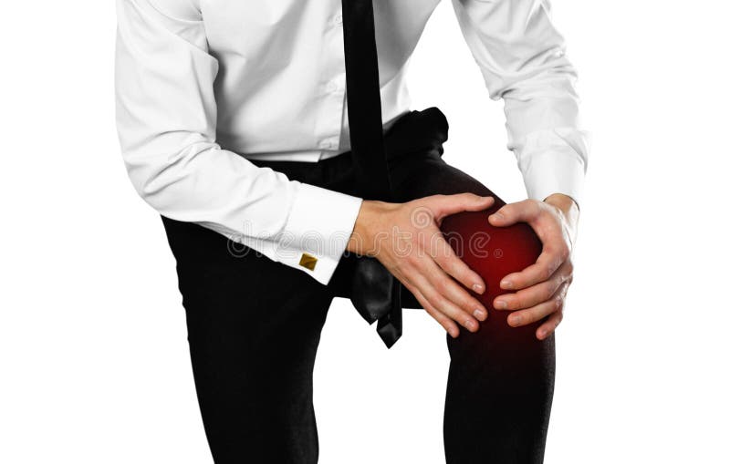 Zakenman in een witte overhemd en een band die zijn been houden De Pijn van de knie stock afbeeldingen Zakenman in een witte overhemd en een band die zijn been houden De Pijn van de knie stock afbeeldingen