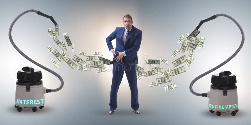 Zakenman en stofzuiger zuigend geld uit hem royalty-vrije stock afbeeldingen Zakenman en stofzuiger zuigend geld uit hem royalty-vrije stock afbeeldingen