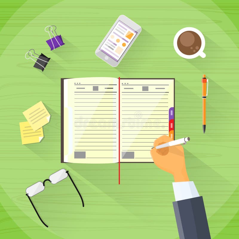 Zakeman schrijft met pen in notitieboek, plat bureau stock illustratie