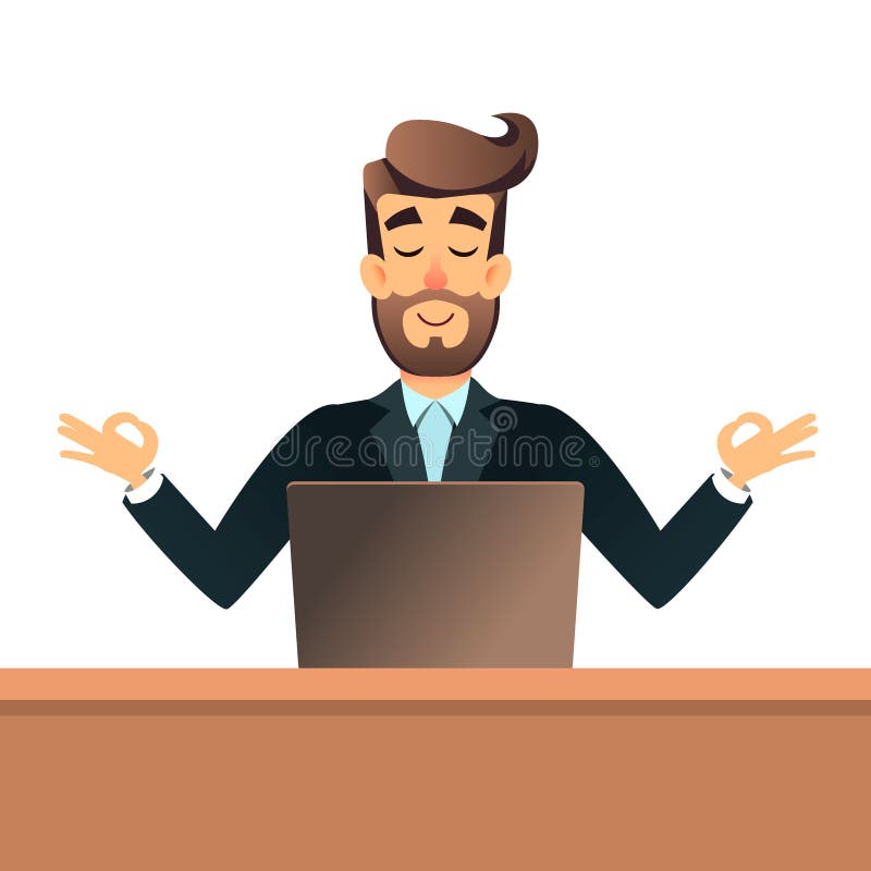 Zakenman het mediteren in lotusbloem stelt voor lijst in bureau met laptop De bedrijfsmens wordt kalm op het werk Ontspan concept royalty-vrije illustratie Zakenman het mediteren in lotusbloem stelt voor lijst in bureau met laptop De bedrijfsmens wordt kalm op het werk Ontspan concept royalty-vrije illustratie
