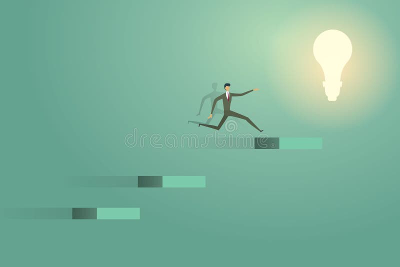 Zakenman het springen gaat op de oplossingsambitie van het lightbulb creatieve concept succes