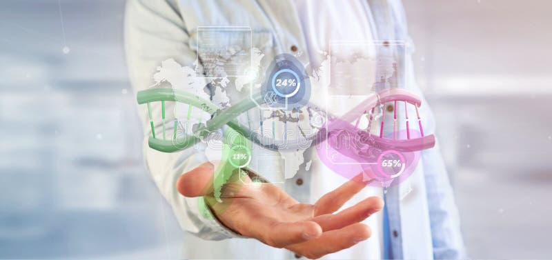 View of a Businessman holding a DNA over a world map with geographic localization - genealogy concept - 3d rendering. View of a Businessman holding a DNA over a world map with geographic localization - genealogy concept - 3d rendering