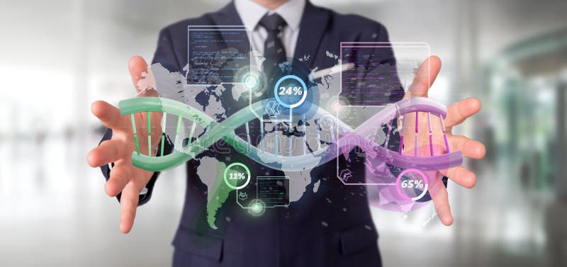 View of a Businessman holding a DNA over a world map with geographic localization - genealogy concept - 3d rendering. View of a Businessman holding a DNA over a world map with geographic localization - genealogy concept - 3d rendering