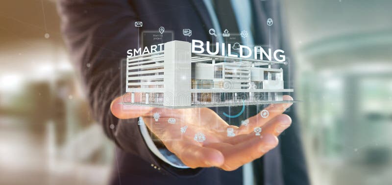 View of a Businessman holding a Smart building connected - 3d rendering. View of a Businessman holding a Smart building connected - 3d rendering