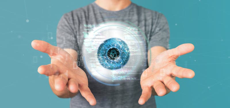 View of a Businessman holding a visual recognition eye concept with data - 3d rendering. View of a Businessman holding a visual recognition eye concept with data - 3d rendering