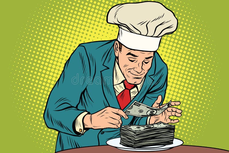 Zakenmanchef-kok en het definitieve bankbiljet royalty-vrije illustratie Zakenmanchef-kok en het definitieve bankbiljet royalty-vrije illustratie