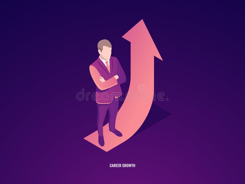 Zakenmanverblijf op pijl omhoog, de carrièregroei, bedrijfssucces isometrische vector vector illustratie Zakenmanverblijf op pijl omhoog, de carrièregroei, bedrijfssucces isometrische vector vector illustratie