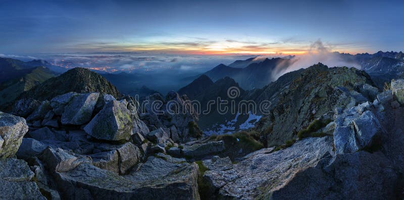 Zakopane in Poland at night from Tatras peak Swinica