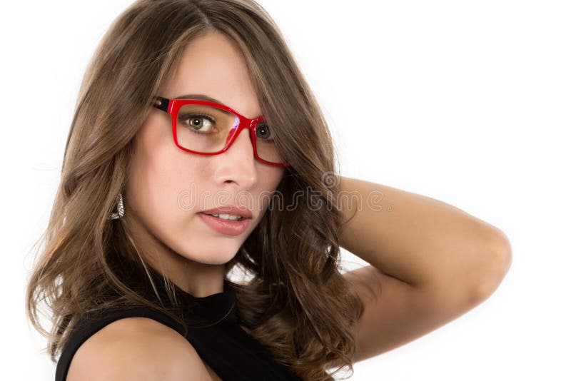 Zakończenia seksowny śliczny businessgirl w czerwonych szkłach moda i makijaż, piękno w biznesie fotografia stock Zakończenia seksowny śliczny businessgirl w czerwonych szkłach moda i makijaż, piękno w biznesie fotografia stock