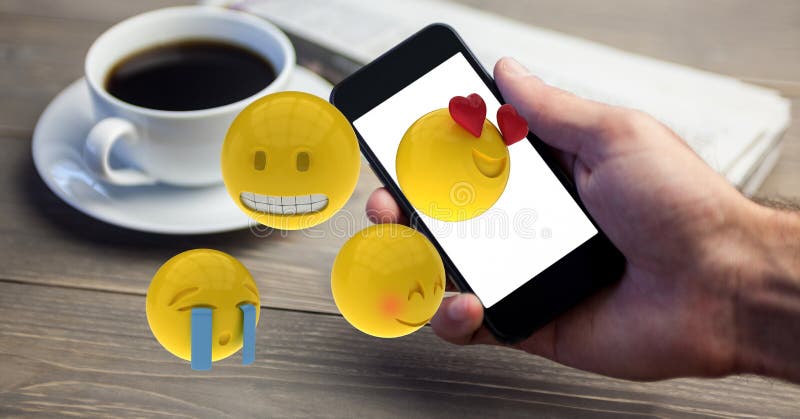 Zakończenie ręka używać mądrze telefon podczas gdy emojis lata nad stołem ilustracji Zakończenie ręka używać mądrze telefon podczas gdy emojis lata nad stołem ilustracji