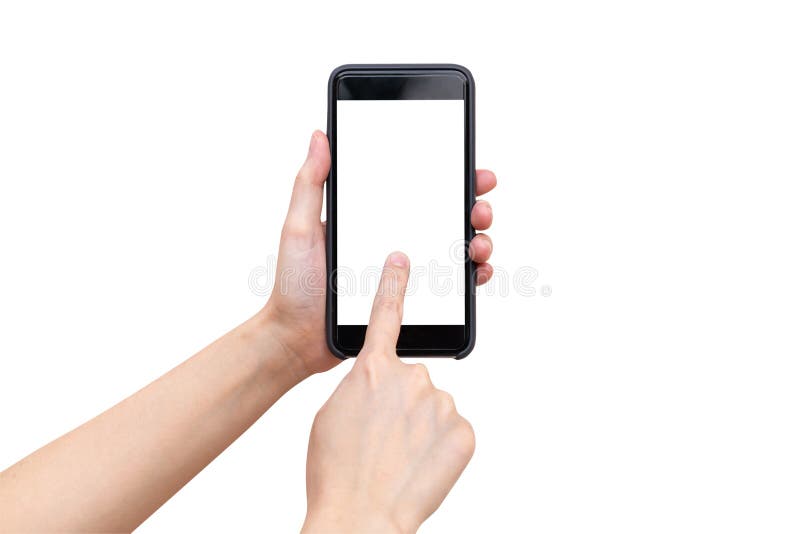 Zakończenie ręki kobiety up mienie, używać telefon na odosobnionym z cli i fotografia royalty free Zakończenie ręki kobiety up mienie, używać telefon na odosobnionym z cli i fotografia royalty free